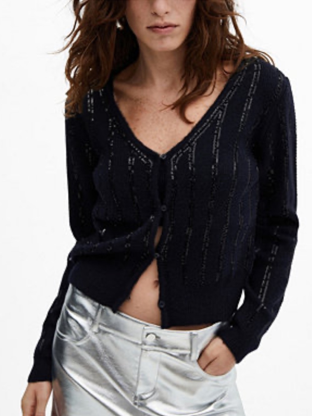 Mango Midnight Blue Cropped Shimmer Cardigan Sweater